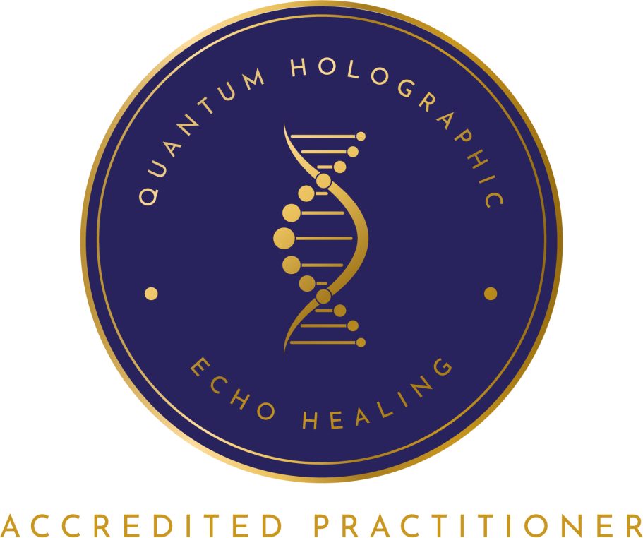 QHEH accredited practitioner Logo featuring a DNA strand with text "Quantum Holographic Echo Healing Accredited Practitioners."